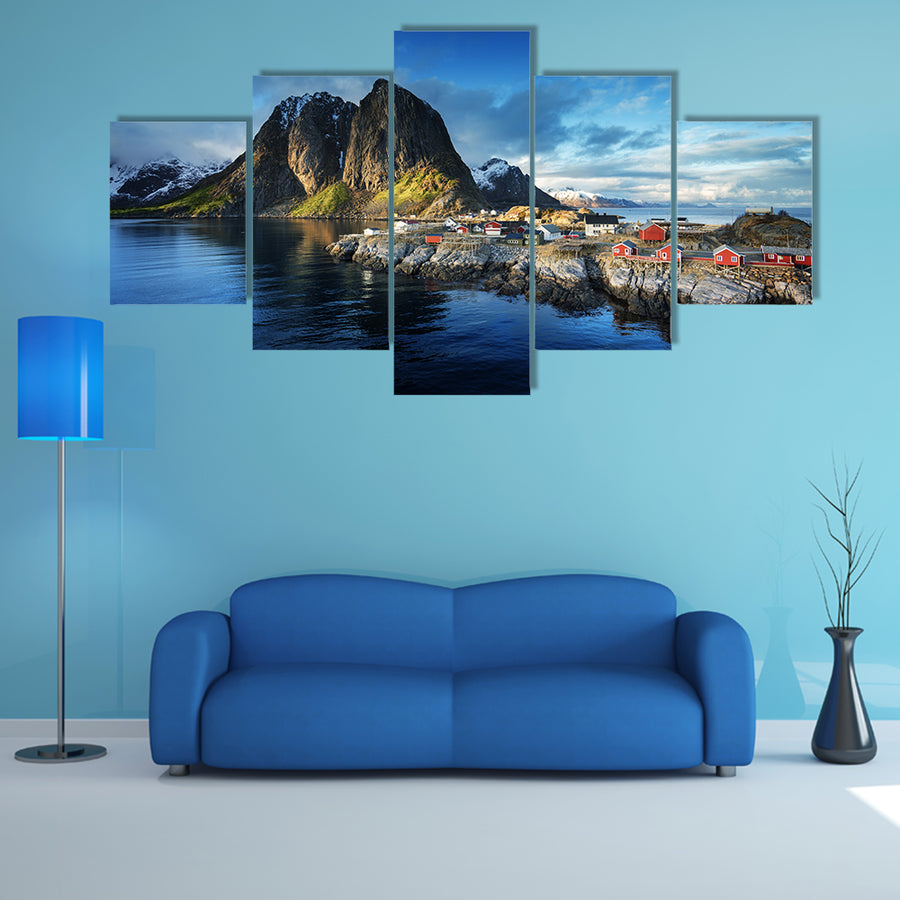 Fishing hut at spring sunset - Reine, Lofoten islands, Norway multi panel canvas wall art