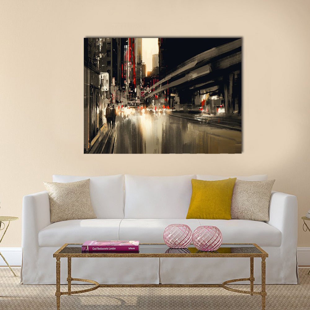 city street digital painting. illustration Multi Panel Canvas Wall Art