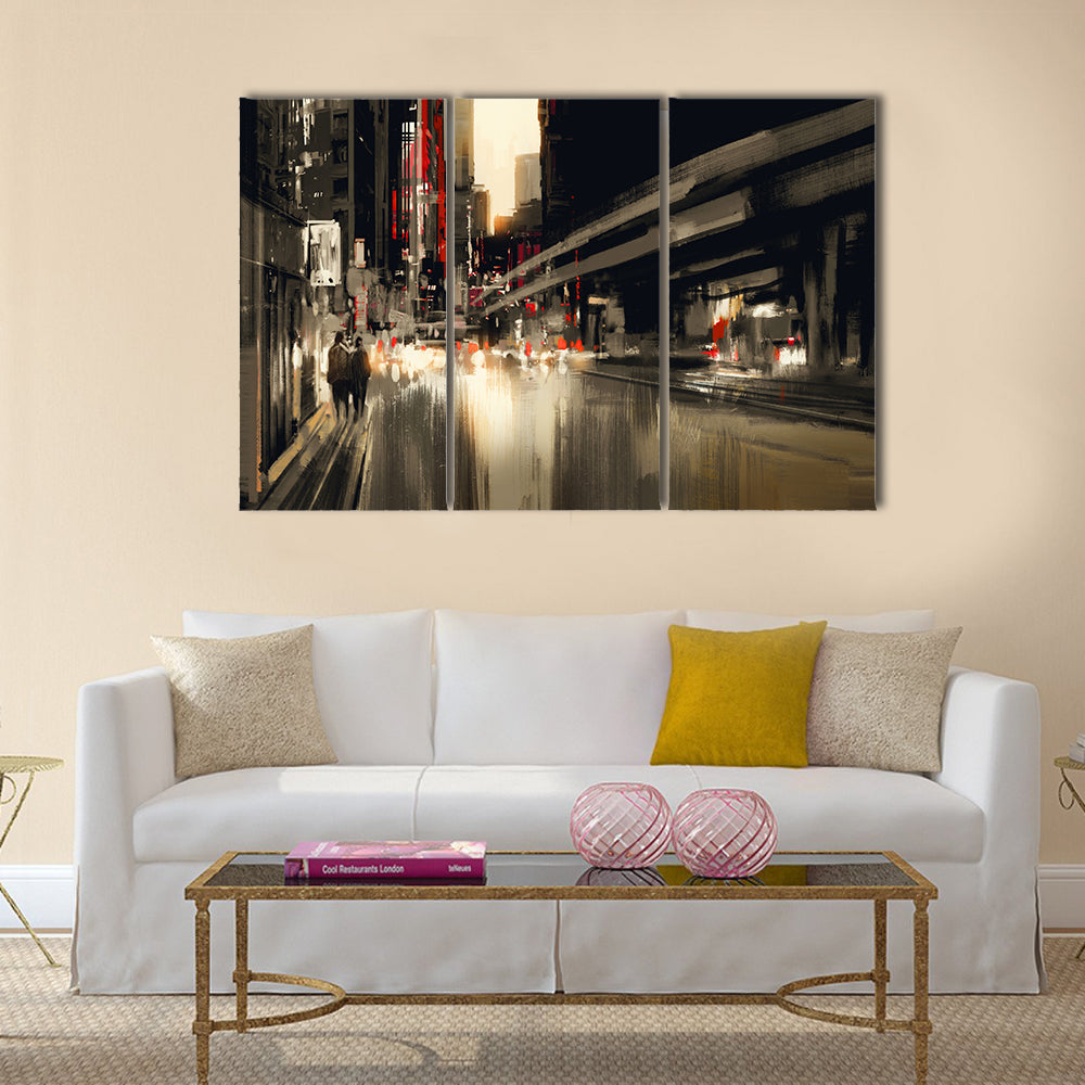 city street digital painting. illustration Multi Panel Canvas Wall Art