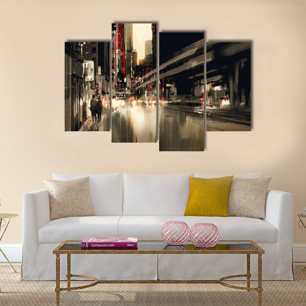 city street digital painting. illustration Multi Panel Canvas Wall Art