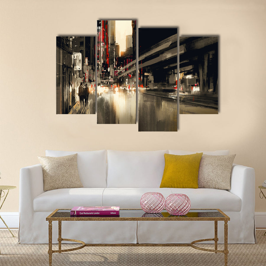 city street digital painting. illustration Multi Panel Canvas Wall Art