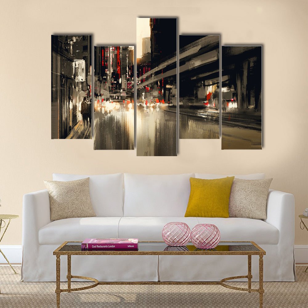 city street digital painting. illustration Multi Panel Canvas Wall Art