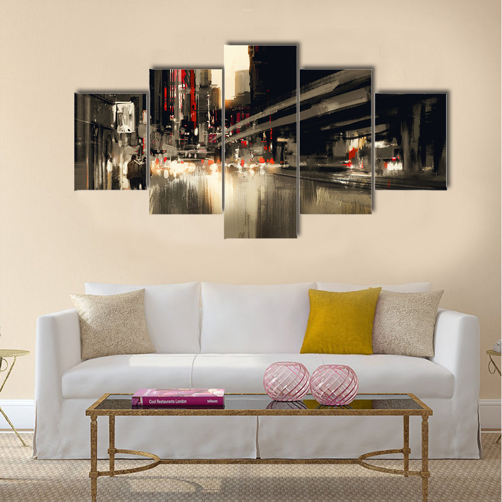 city street digital painting. illustration Multi Panel Canvas Wall Art