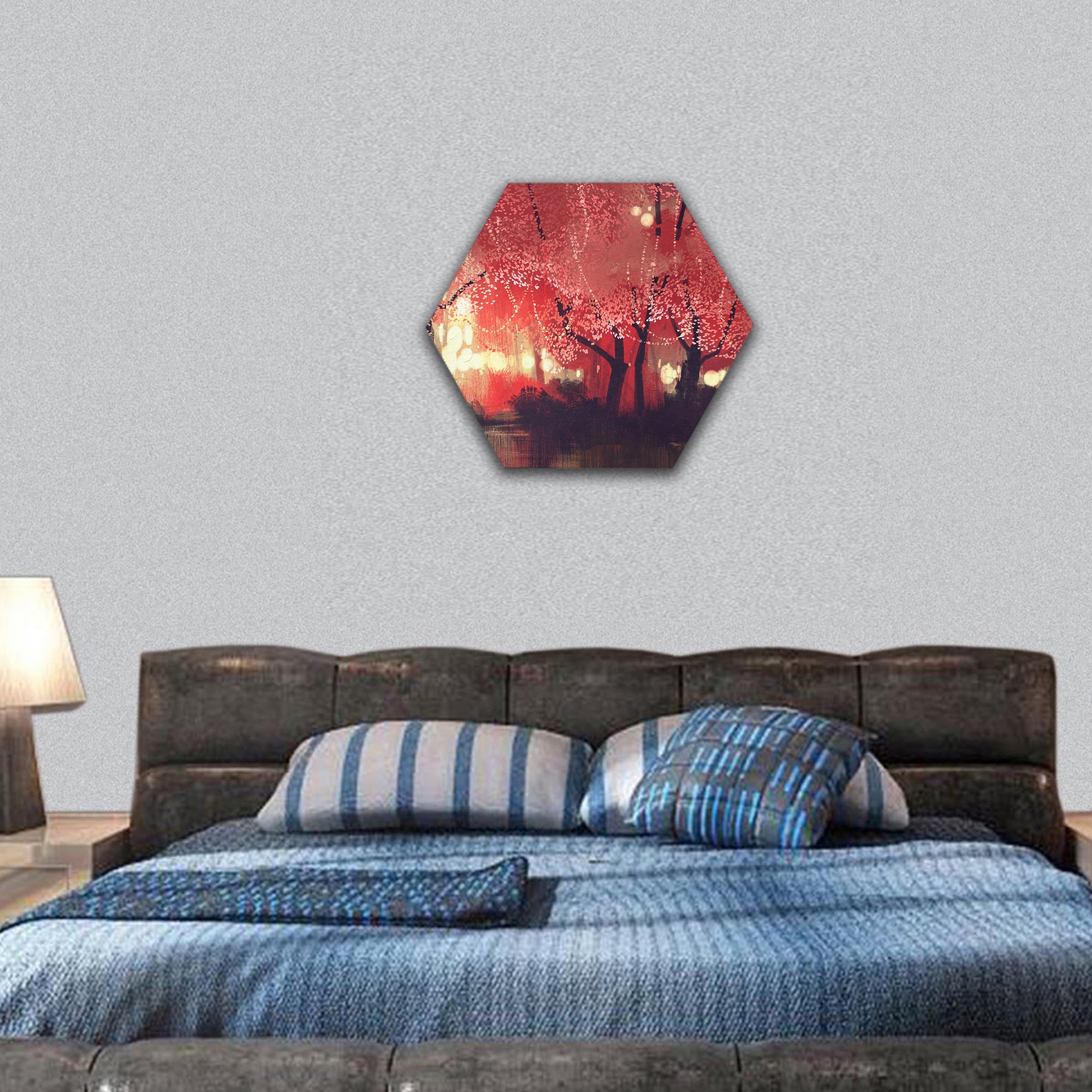 Night scene of autumn forest hexagonal canvas wall art