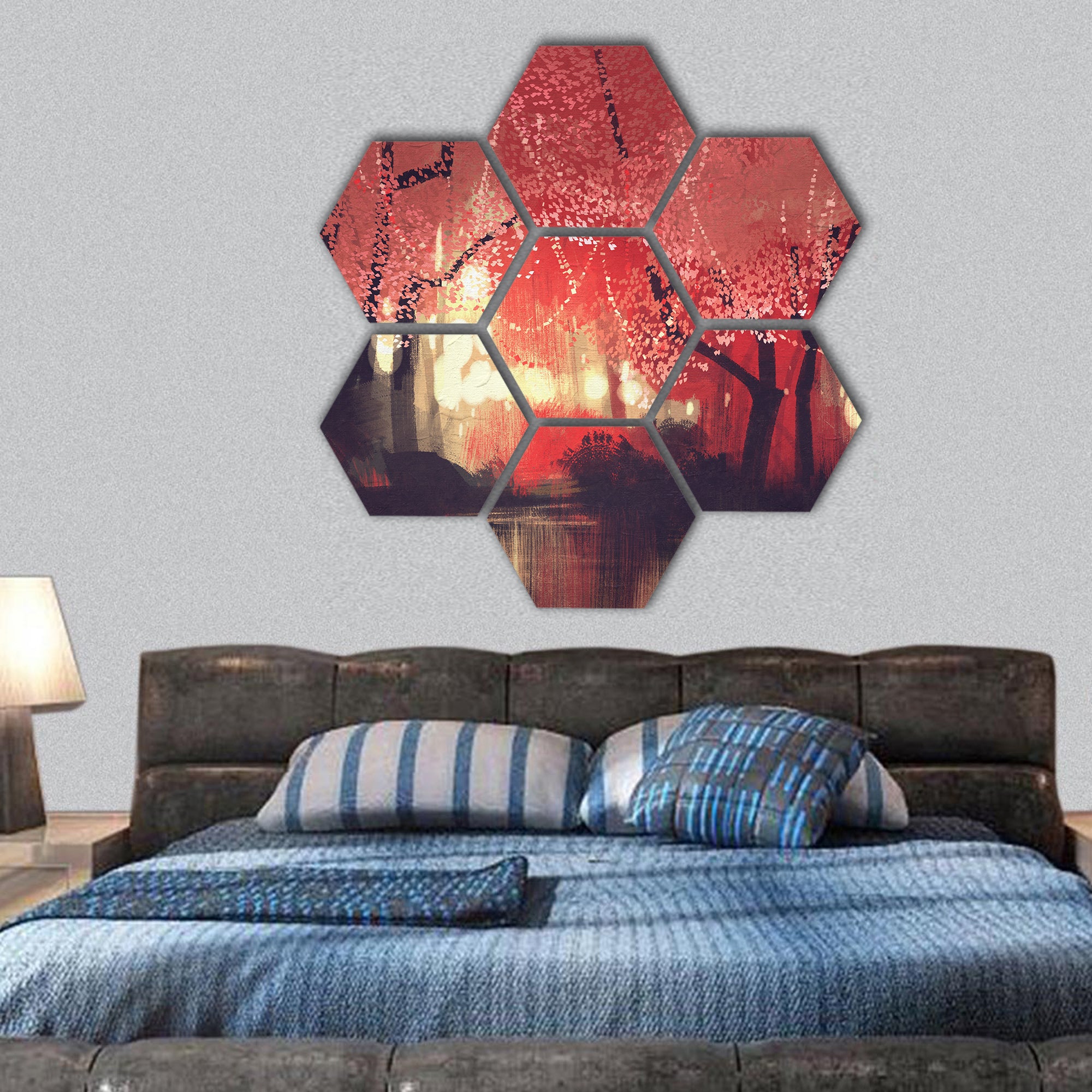 Night scene of autumn forest hexagonal canvas wall art