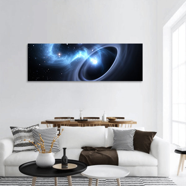 Stars and material falls into a black hole panoramic canvas wall art