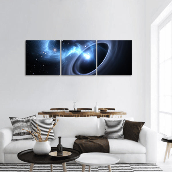 Stars and material falls into a black hole panoramic canvas wall art