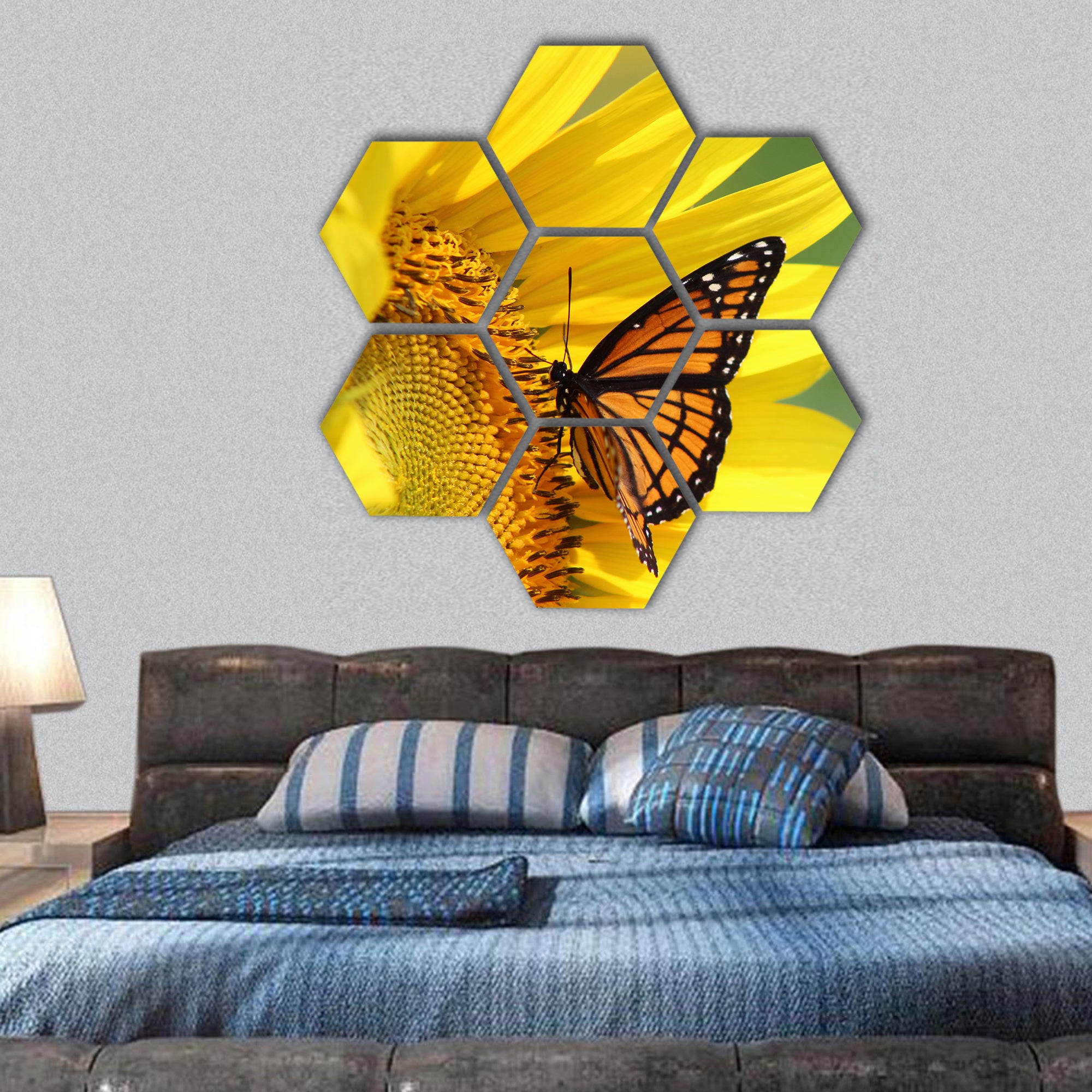 Monarch on a Sunflower hexagonal canvas wall art