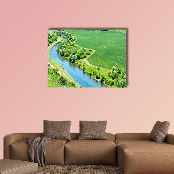 Landscape of river, green wheat road passing by multi panel canvas wall art
