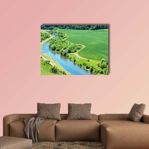 Landscape of river, green wheat field with nearby forest wall art