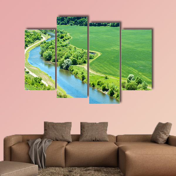 Landscape of river, green wheat field with nearby forest wall art