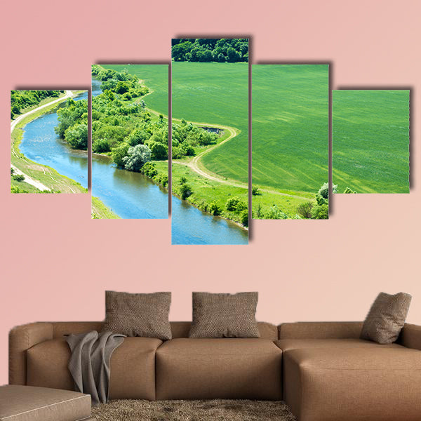 Landscape of river, green wheat field with nearby forest wall art