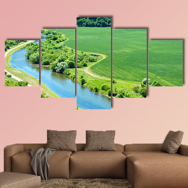 Landscape of river, green wheat road passing by multi panel canvas wall art