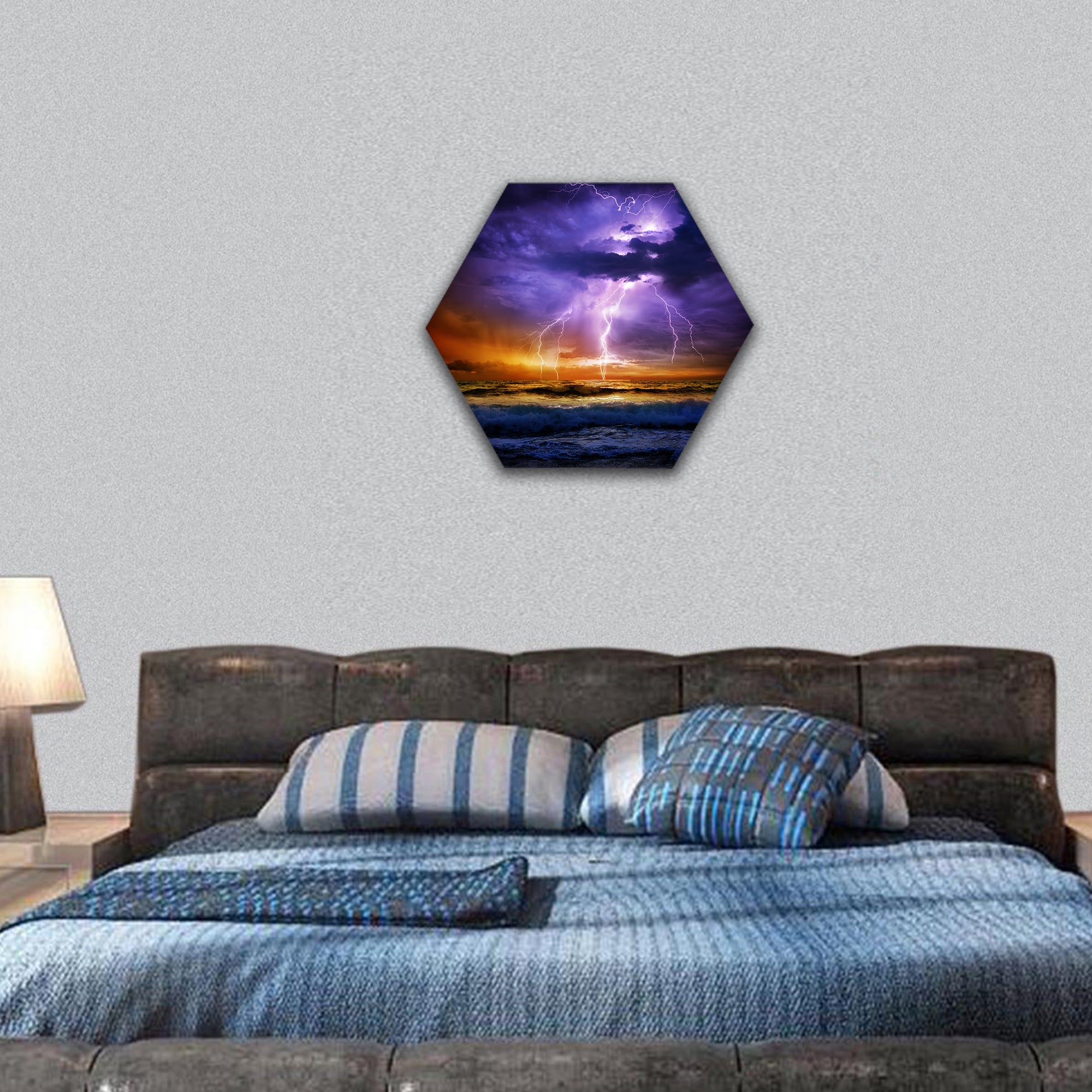 lightning and storm on sea to sunset - bad weather hexagonal canvas wall art