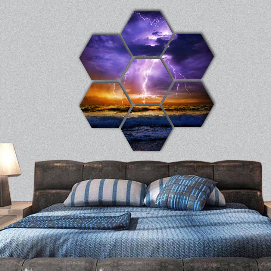 lightning and storm on sea to sunset - bad weather hexagonal canvas wall art