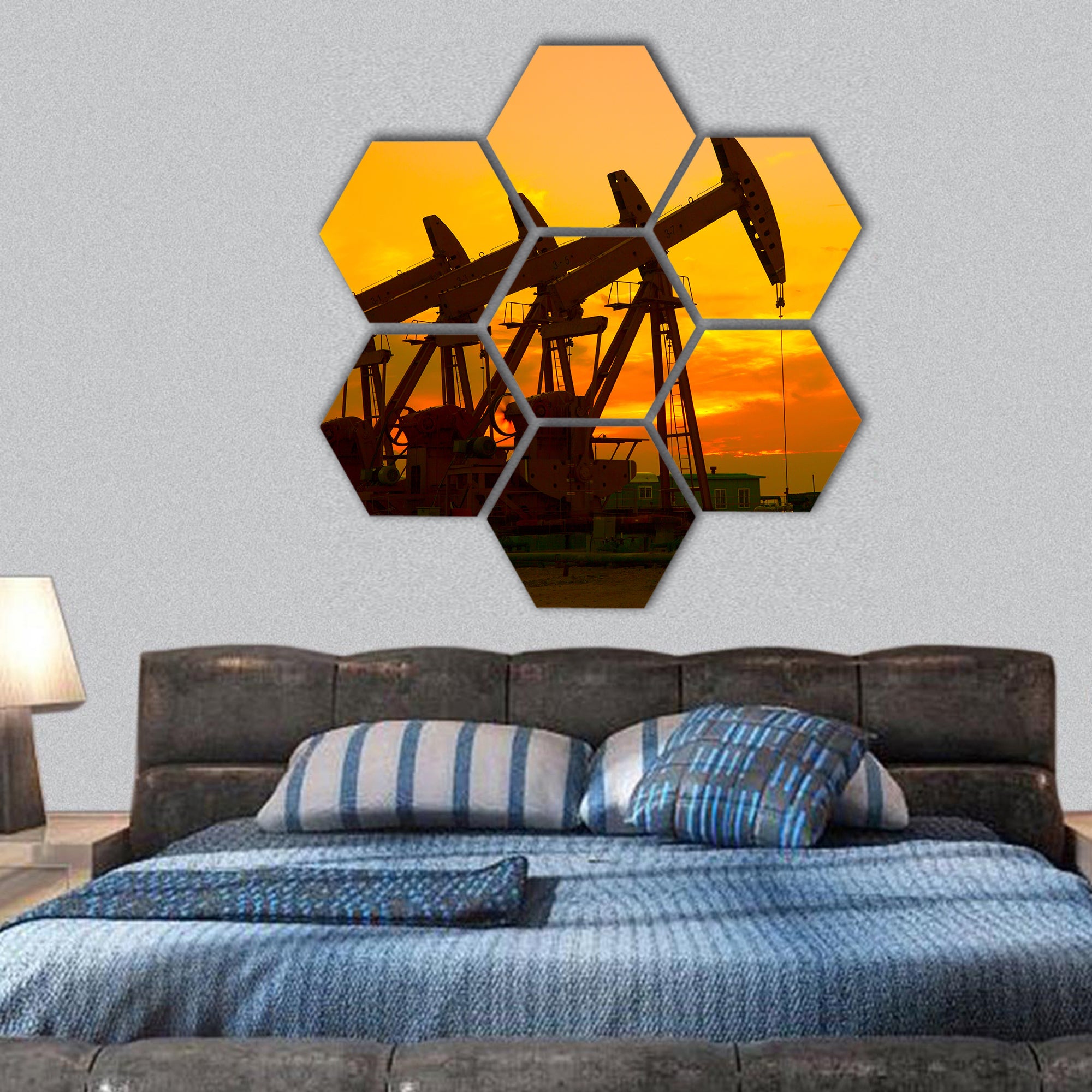 Oil Pump on orange sunset hexagonal canvas wall art