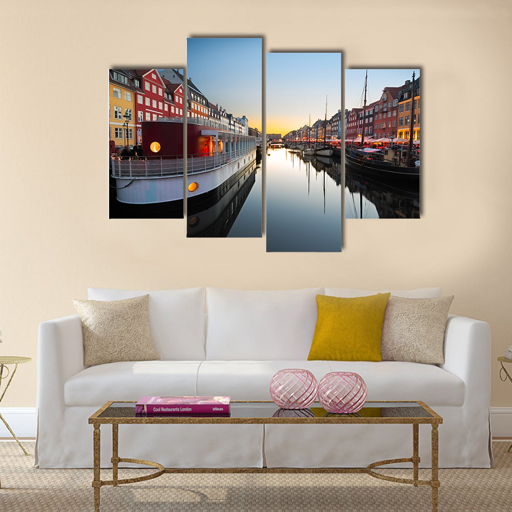Ships in Nyhavn at sunset, Copenhagen, Denmark Multi Panel Canvas Wall Art