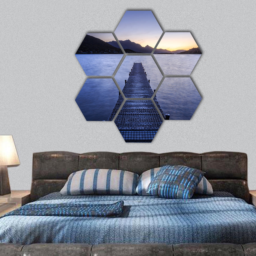 Wooden pier on big lake in New Zealand hexagonal canvas wall art