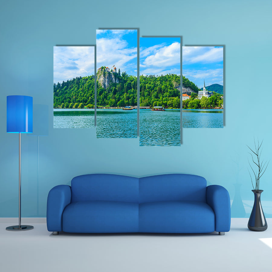 Beautiful lake with a castle on the hill, Lake Bled, Slovenia multi panel canvas wall art