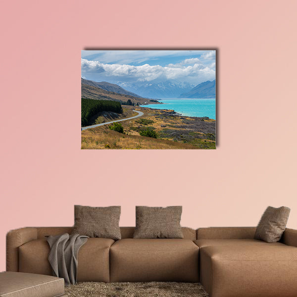 Panoramic image of asphalt road along Lake Pukaki multi panel canvas wall art