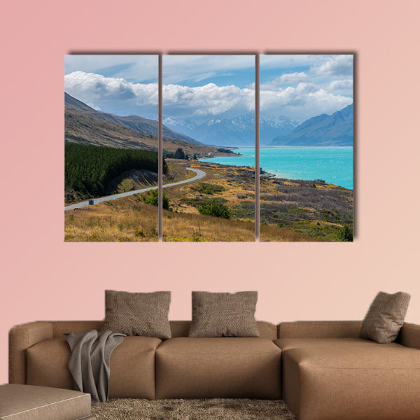 Panoramic image of asphalt road along Lake Pukaki multi panel canvas wall art
