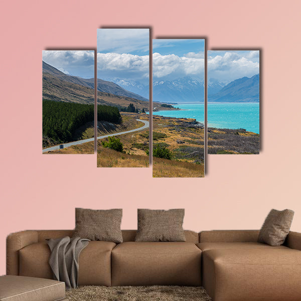 Panoramic image of asphalt road along Lake Pukaki multi panel canvas wall art