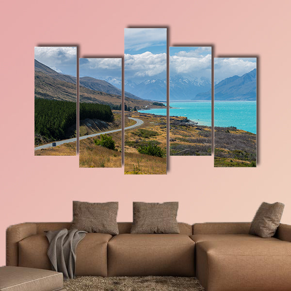 Panoramic image of asphalt road along Lake Pukaki multi panel canvas wall art