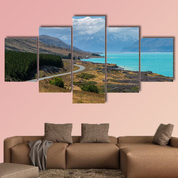 Panoramic image of asphalt road along Lake Pukaki multi panel canvas wall art