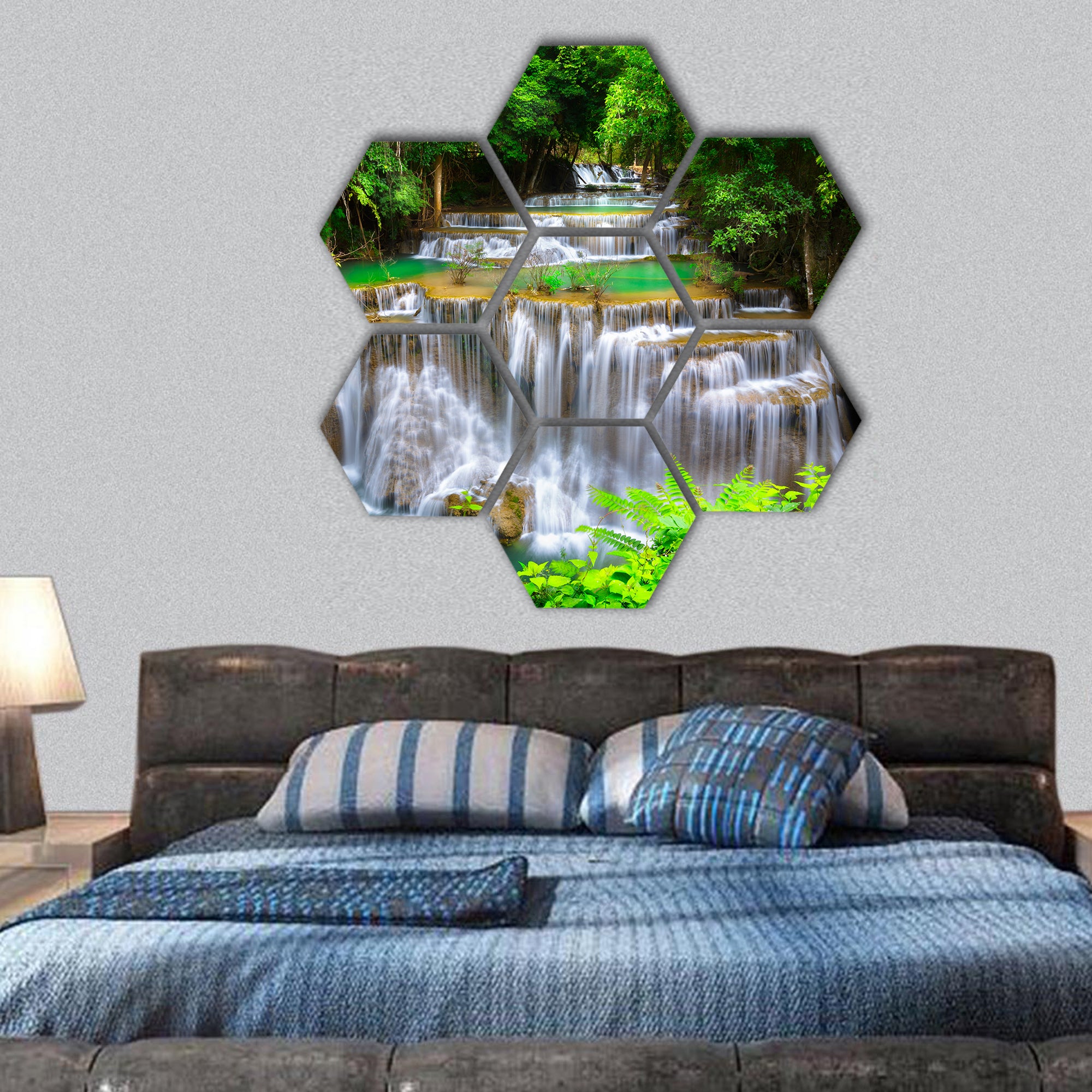 Huay Mae Kamin waterfall in Kanjanaburi, Thailand hexagonal canvas wall art