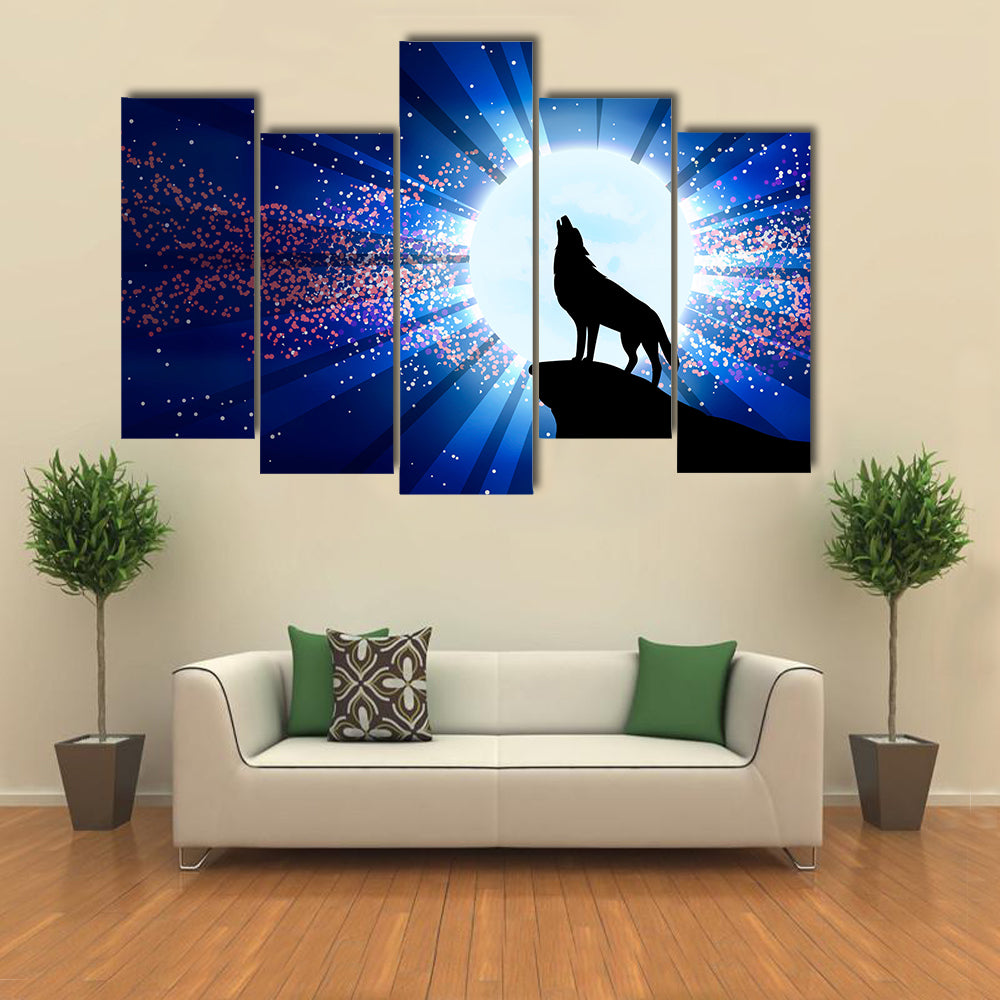The vector illustration: Wolf howling at the moon multi panel canvas wall art