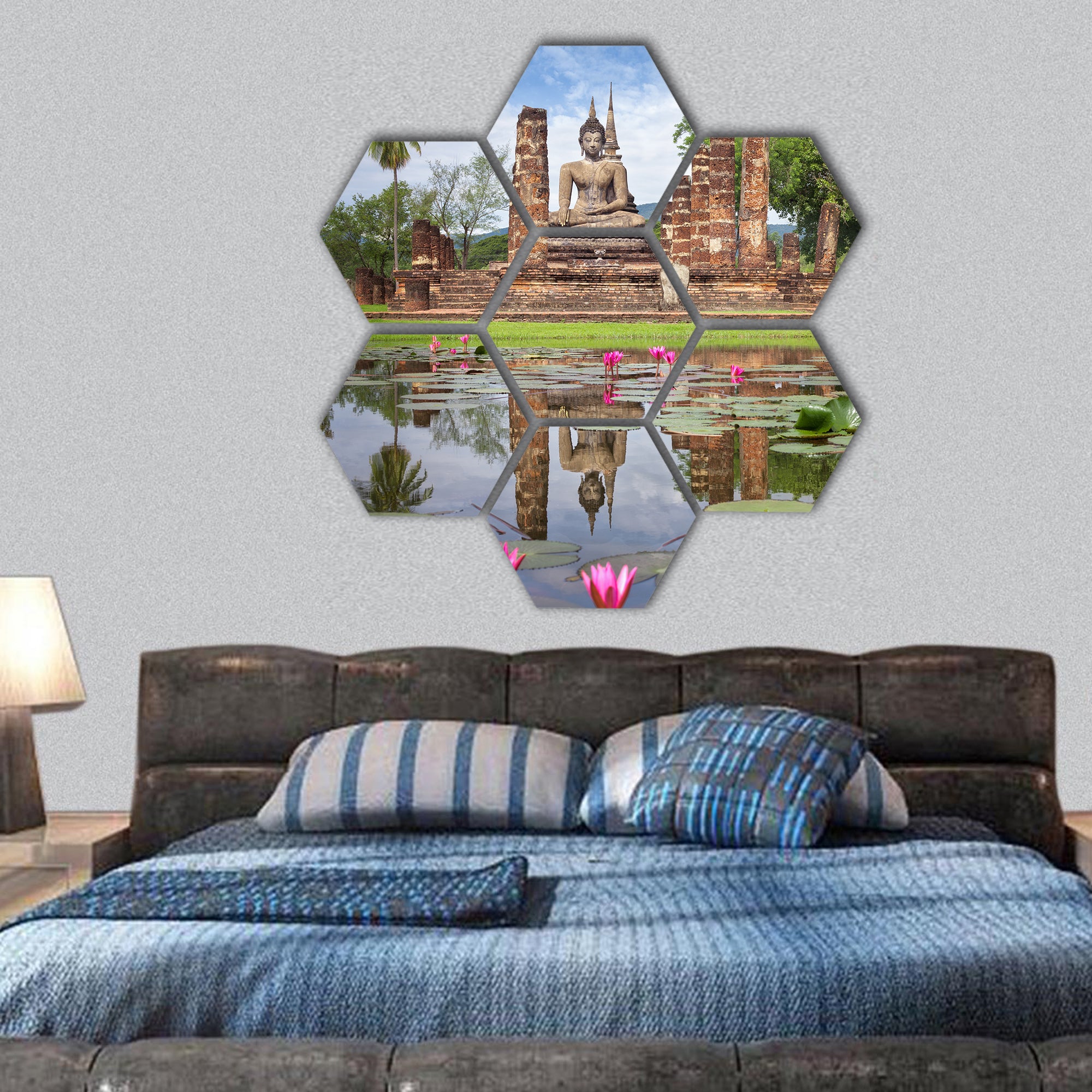 Buddha Statue at Wat Mahathat in Sukhothai Historical Park, hexagonal canvas wall art
