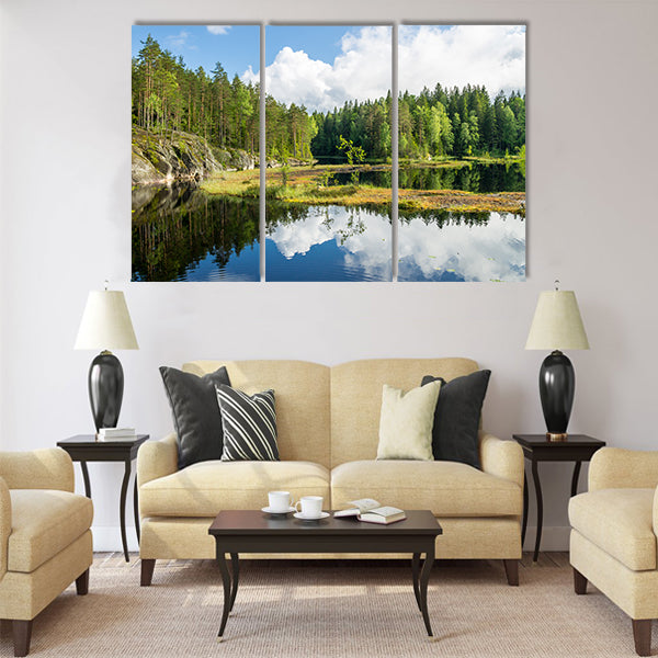 White summer clouds reflecting on the forest pond Multi panel canvas wall art