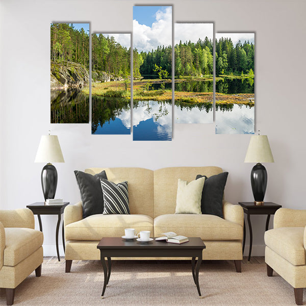 White summer clouds reflecting on the forest pond Multi panel canvas wall art