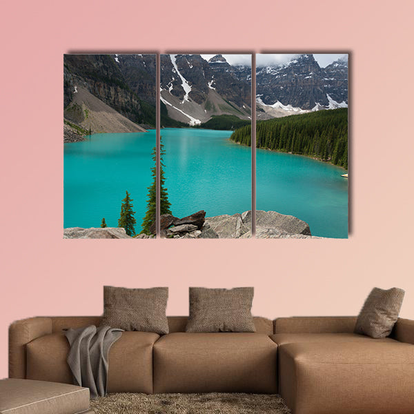 Loraine Lake, Blue Lake with mighty mountains multi panel canvas wall art