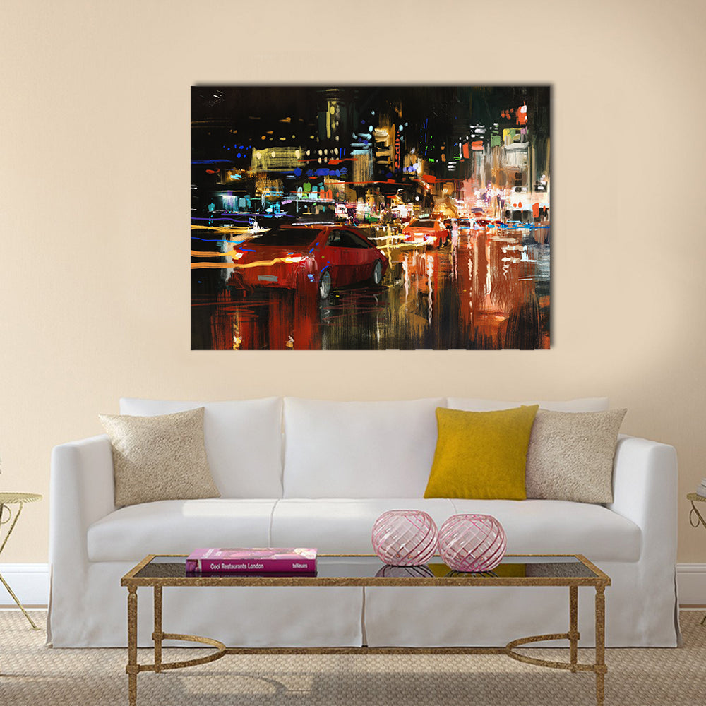 Digital painting of city street at night with colorful lights Multi Panel Canvas Wall Art