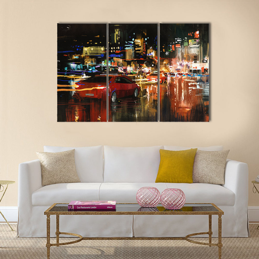 Digital painting of city street at night with colorful lights Multi Panel Canvas Wall Art