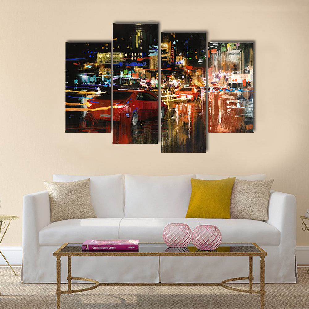 Digital painting of city street at night with colorful lights Multi Panel Canvas Wall Art