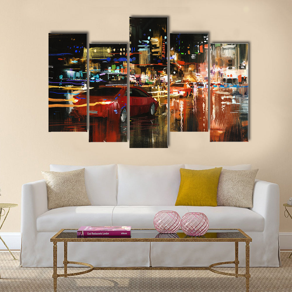 Digital painting of city street at night with colorful lights Multi Panel Canvas Wall Art