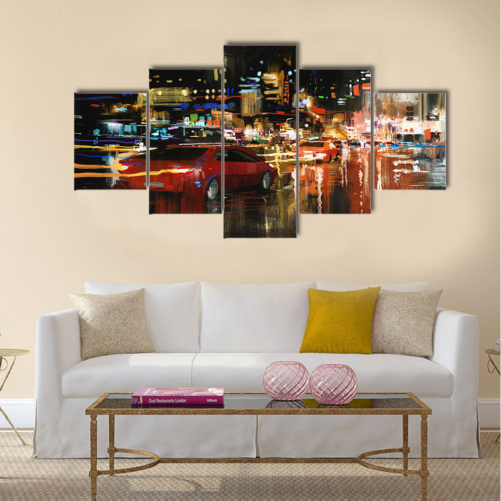 Digital painting of city street at night with colorful lights Multi Panel Canvas Wall Art