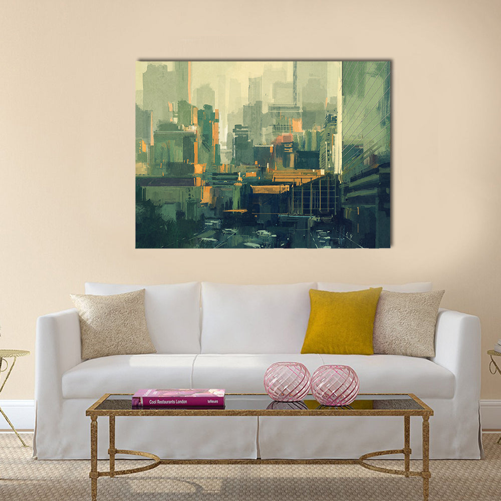 Cityscape painting of urban sky-scrapers at sunset Multi Panel Canvas Wall Art