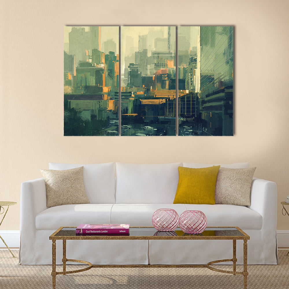 Cityscape painting of urban sky-scrapers at sunset Multi Panel Canvas Wall Art
