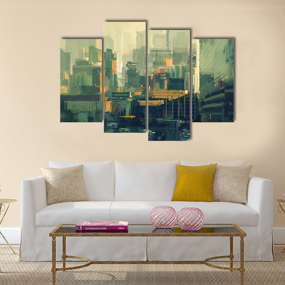 Cityscape painting of urban sky-scrapers at sunset Multi Panel Canvas Wall Art