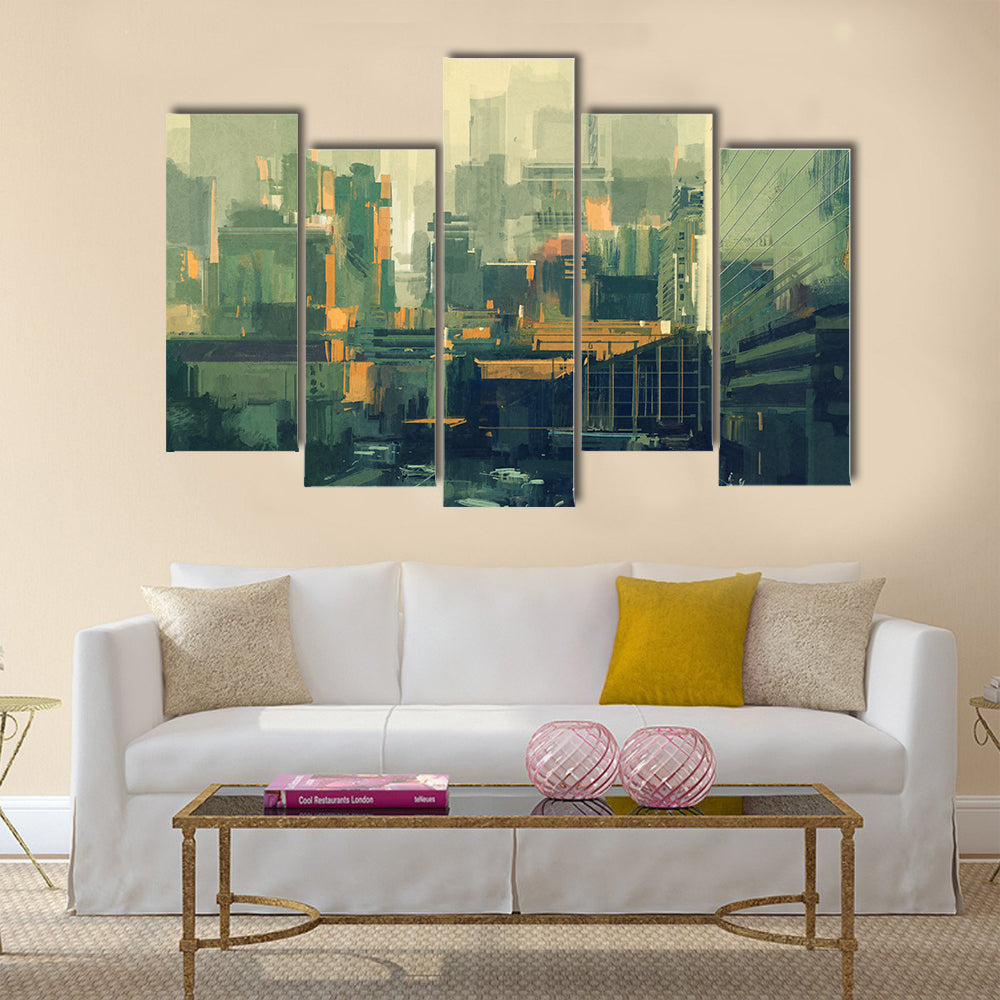 Cityscape painting of urban sky-scrapers at sunset Multi Panel Canvas Wall Art