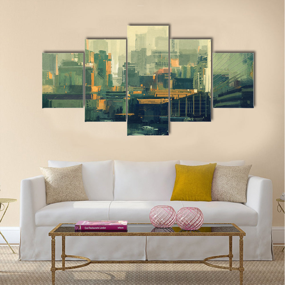 Cityscape painting of urban sky-scrapers at sunset Multi Panel Canvas Wall Art