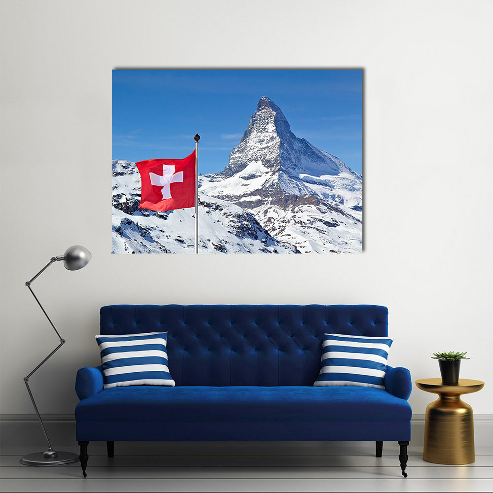 Matterhorn With Flag Of Switzerland Multi Panel Canvas Wall Art