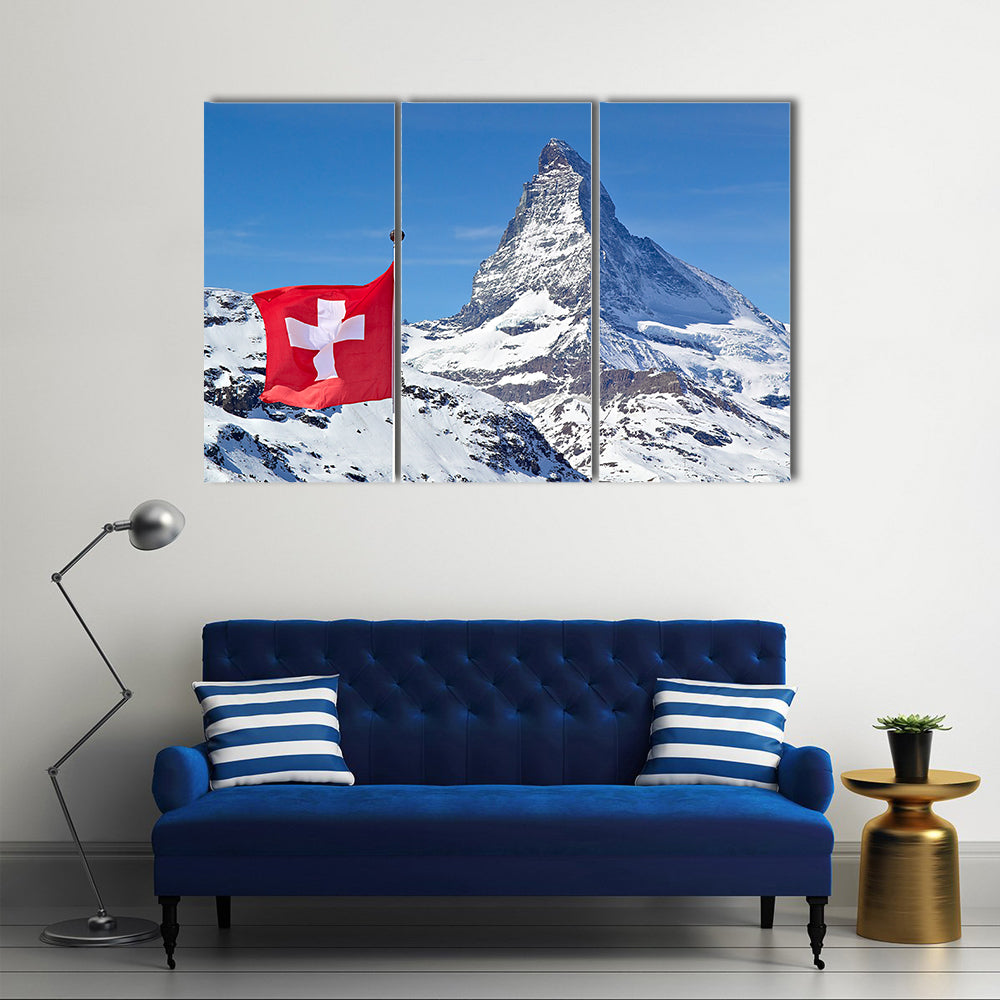Matterhorn With Flag Of Switzerland Multi Panel Canvas Wall Art
