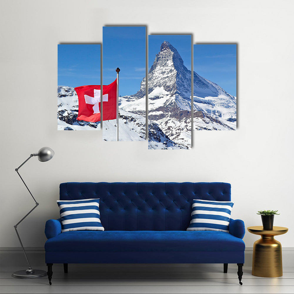 Matterhorn With Flag Of Switzerland Multi Panel Canvas Wall Art