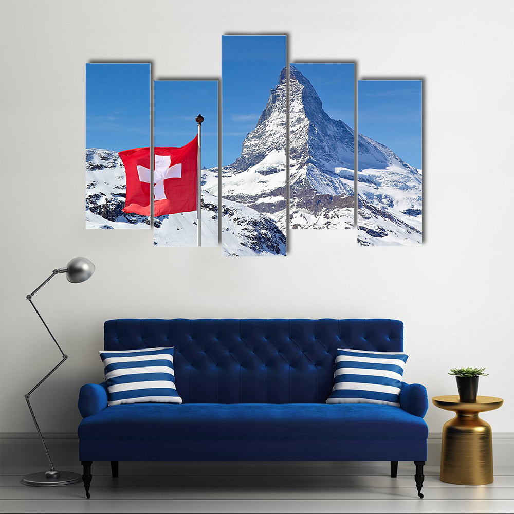 Matterhorn With Flag Of Switzerland Multi Panel Canvas Wall Art
