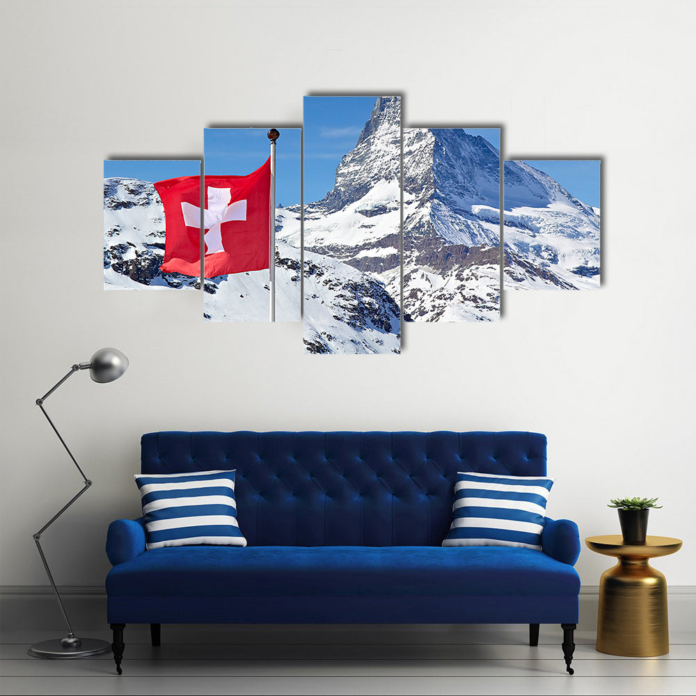 Matterhorn With Flag Of Switzerland Multi Panel Canvas Wall Art