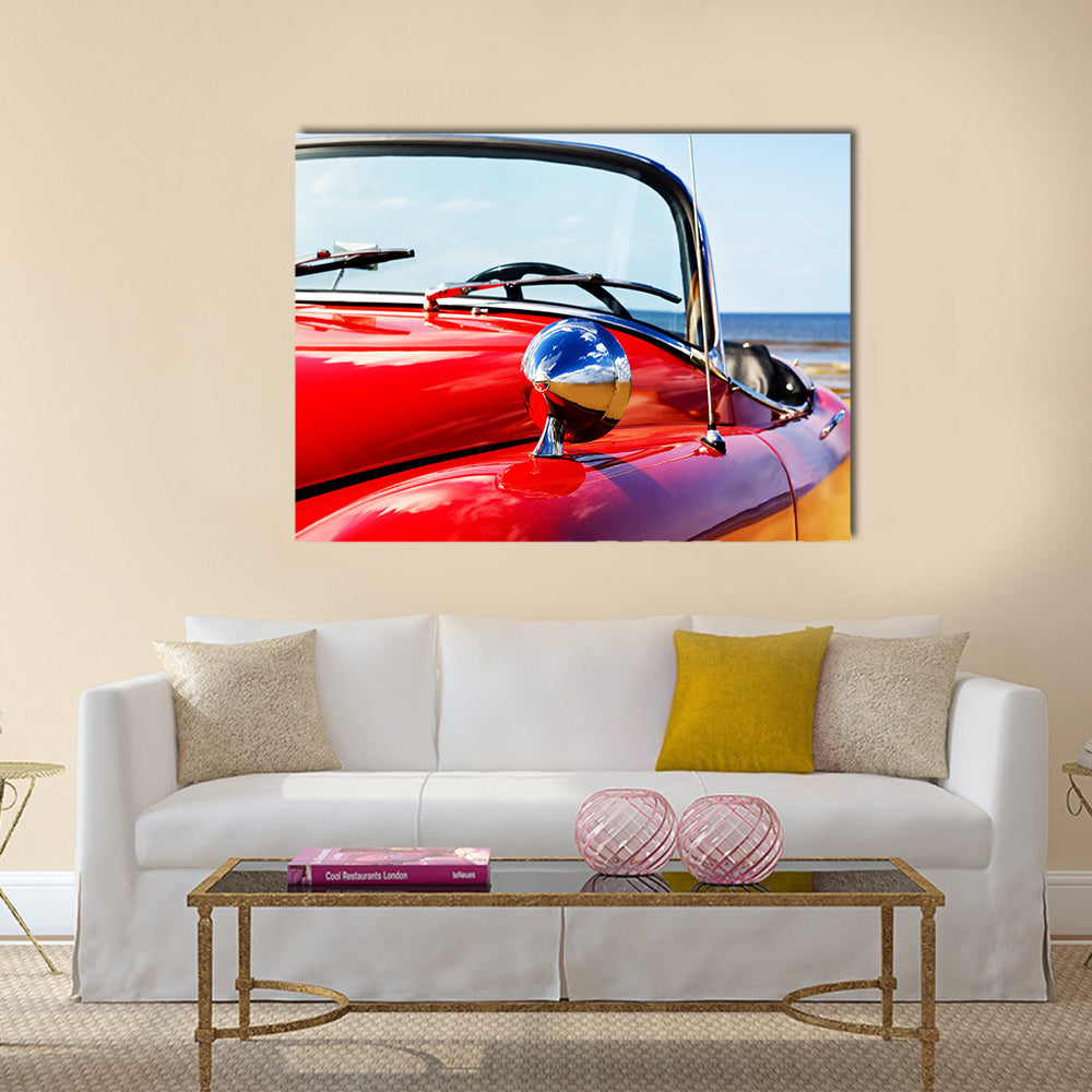 Old classic red car at beach Multi panel canvas wall art